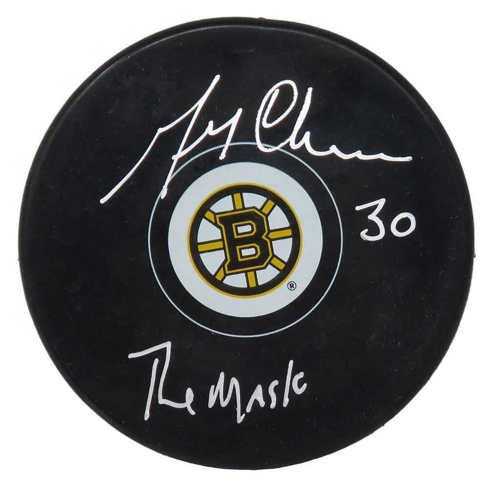 Gerry Cheever Autographed Bruins Puck with "The Mask" Inscription, And COA