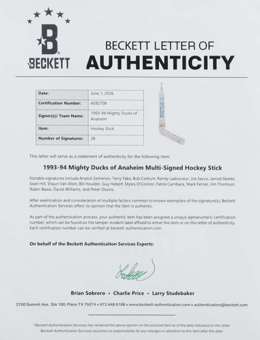 1993-94 Mighty Ducks Team-Signed LE (165/500) Sher-Wood Goalie Stick, With Beckett COA