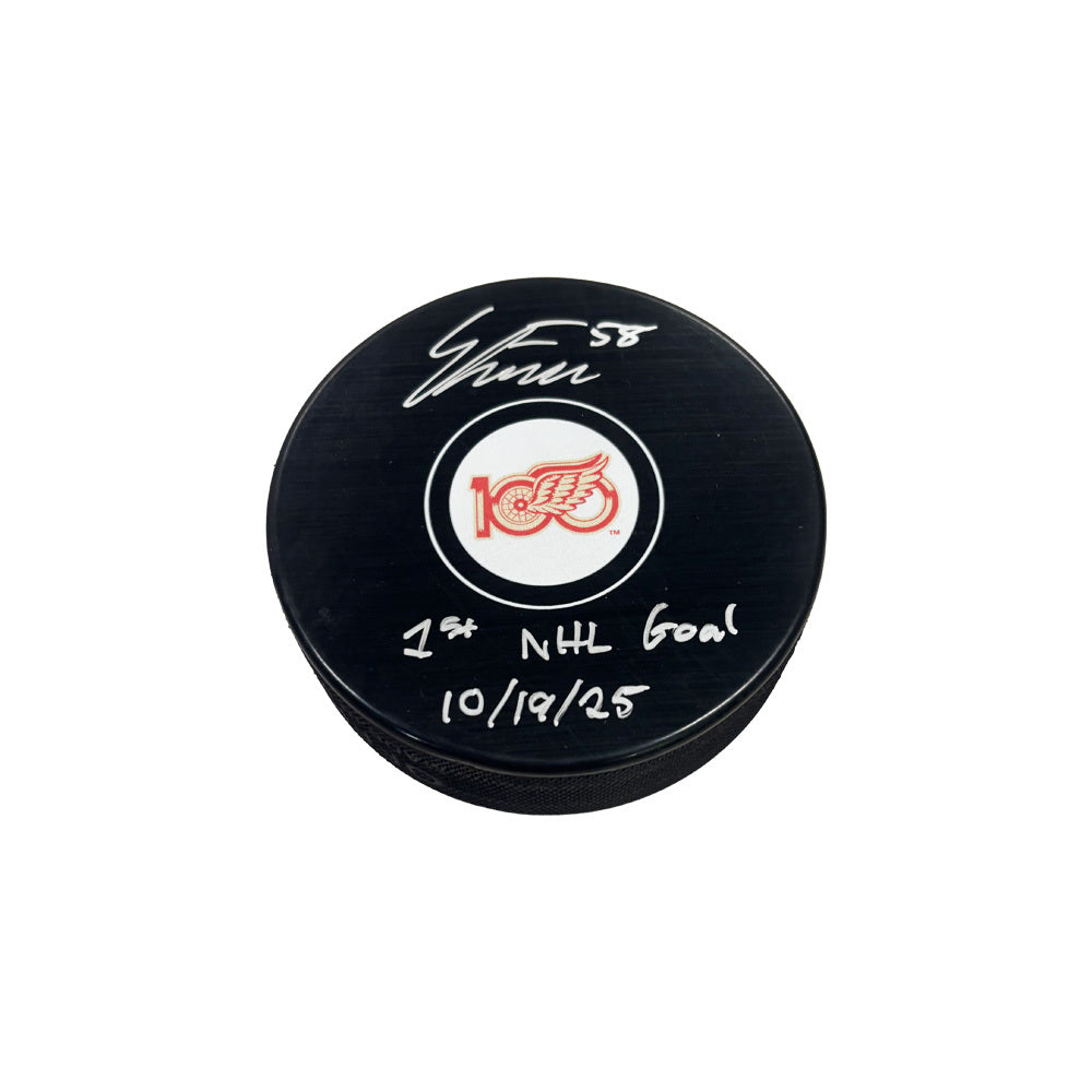 Emmitt Finnie Autographed Detroit Red Wings Centennial Puck W/"1st Goal 10/19/25" And COA