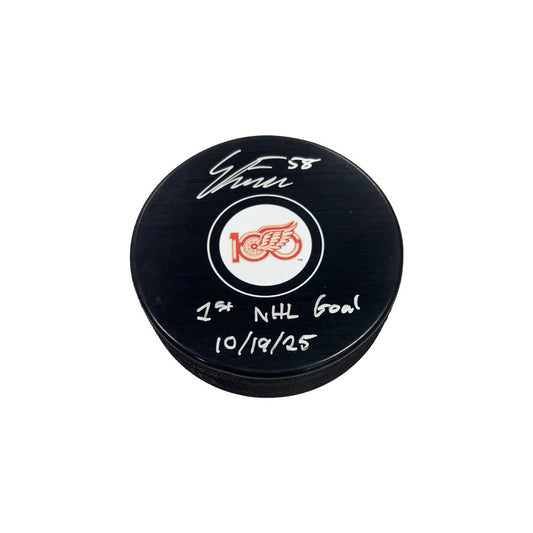 Emmitt Finnie Autographed Detroit Red Wings Centennial Puck W/"1st Goal 10/19/25" And COA