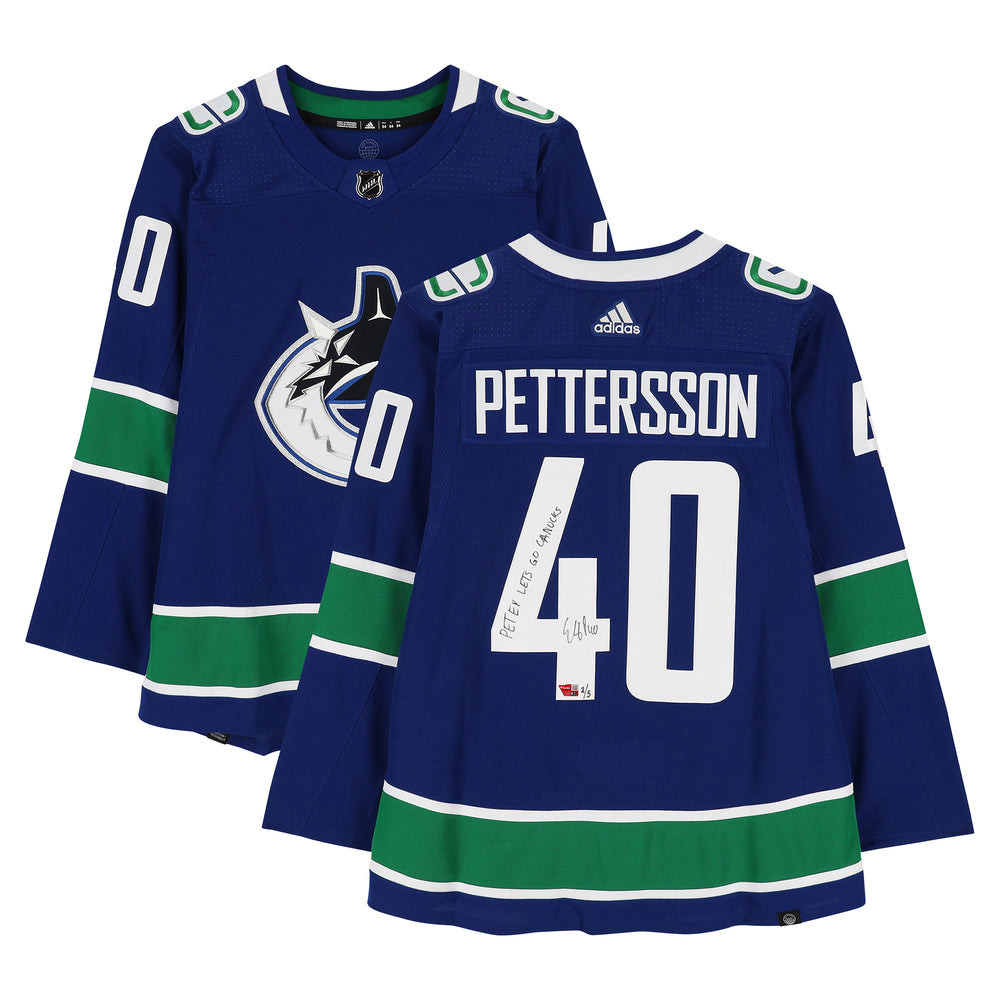 Elias Pettersson Vancouver Canucks Limited Edition 2/5 Autographed Blue Adidas Jersey,  With Multiple Inscriptions And Fanatics COA.