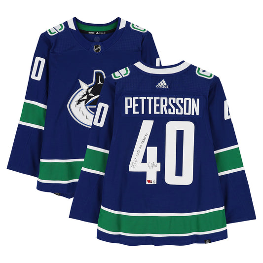 Elias Pettersson Vancouver Canucks Limited Edition 2/5 Autographed Blue Adidas Jersey,  With Multiple Inscriptions And Fanatics COA.