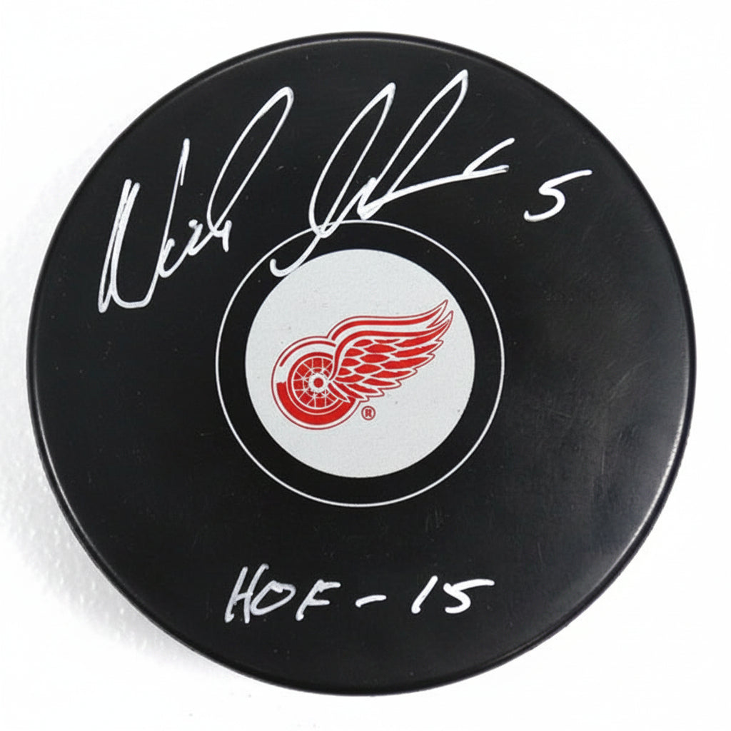 Nicklas Lidstrom Autographed Detroit Red Wings Puck, With HOF 15 And Beckett COA