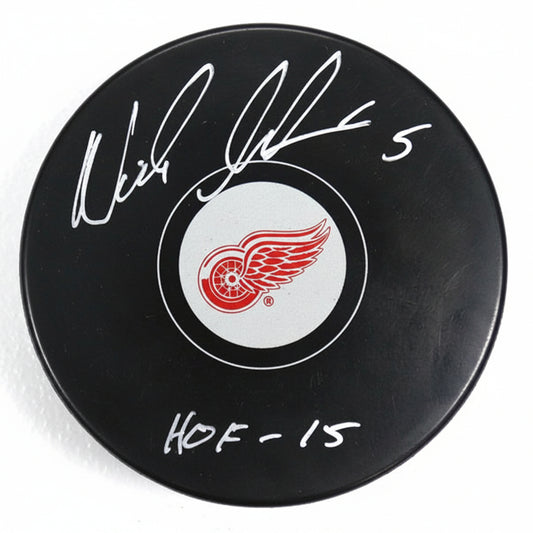 Nicklas Lidstrom Autographed Detroit Red Wings Puck, With HOF 15 And Beckett COA