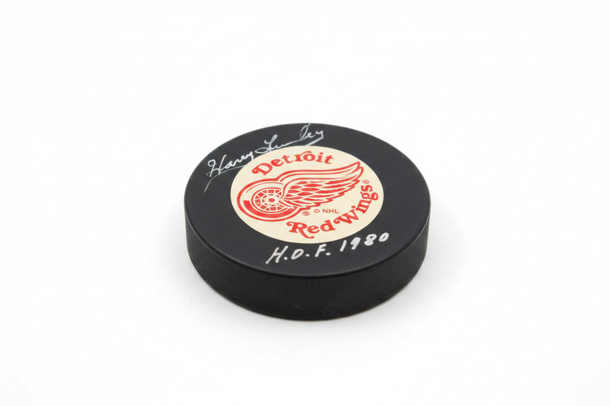 Harry Lumley Autographed Detroit Red Wings Puck, With HOF 1980 And COA
