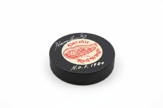Harry Lumley Autographed Detroit Red Wings Puck, With HOF 1980 And COA