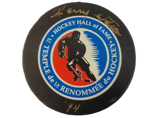Harry Watson Hand-Signed Hall Of Fame Puck In Gold Ink, With COA
