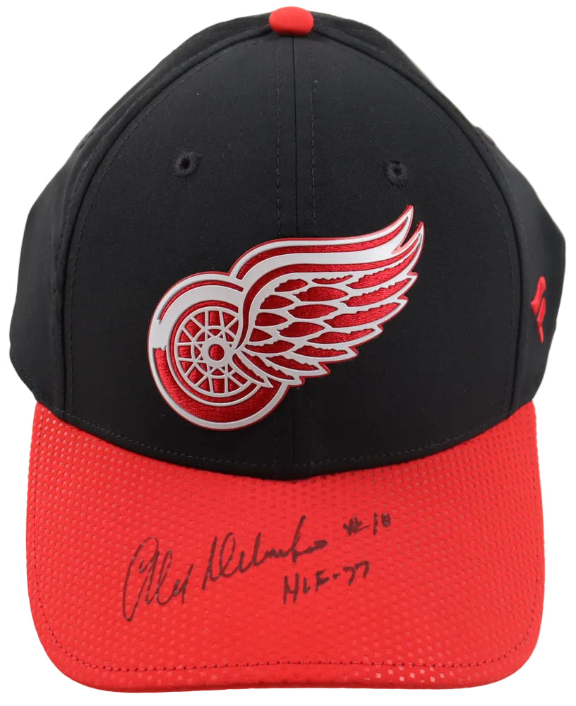 Alex Delvecchio Autographed Detroit Red Wings Hat, With "HOF 77" And JSA