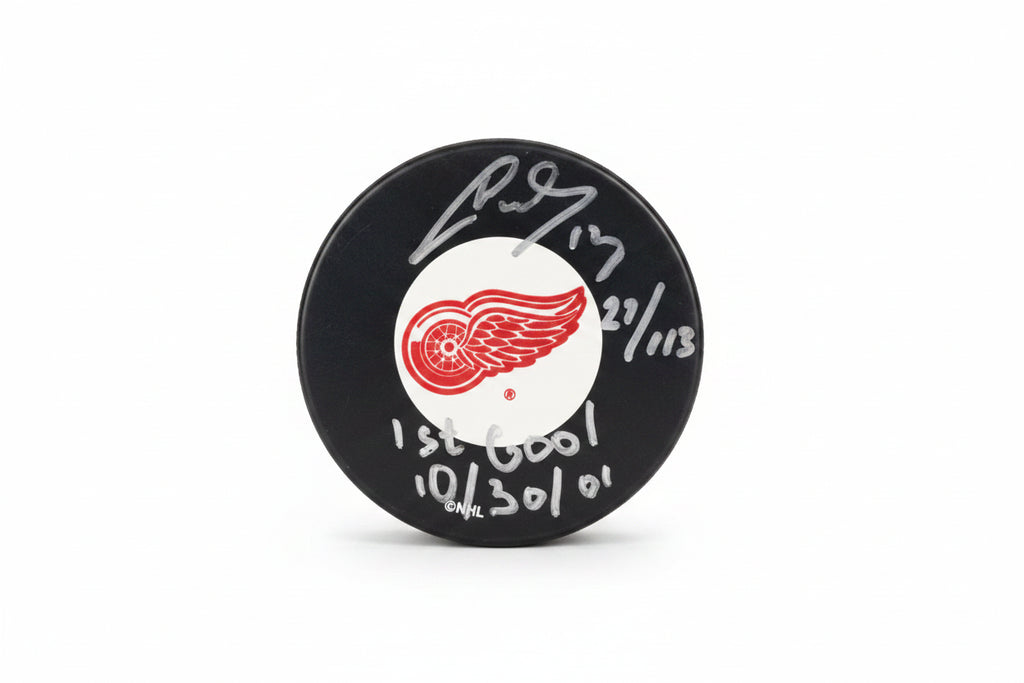 Pavel Datsyuk LE #27/113 Autographed Detroit Red Wings Puck, With "1st Goal” And COA