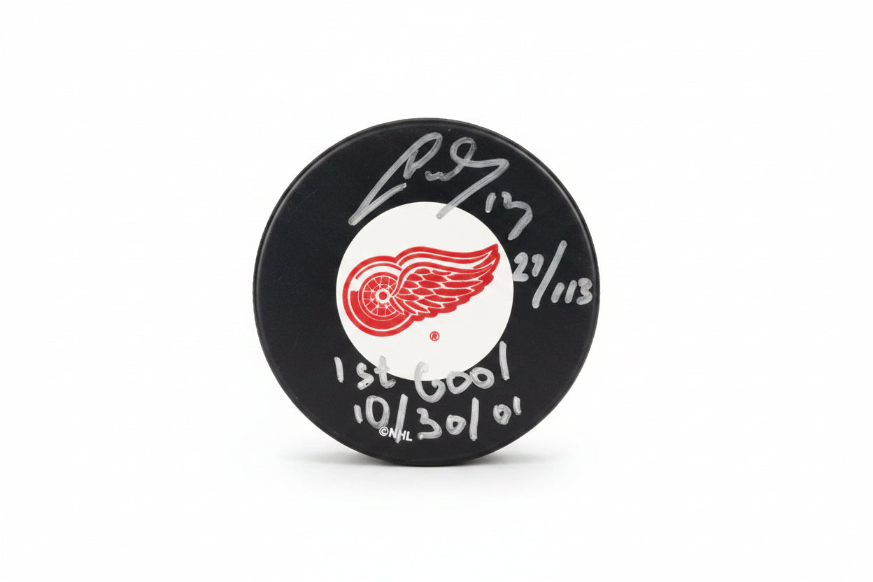 Pavel Datsyuk LE #27/113 Autographed Detroit Red Wings Puck, With "1st Goal” And COA