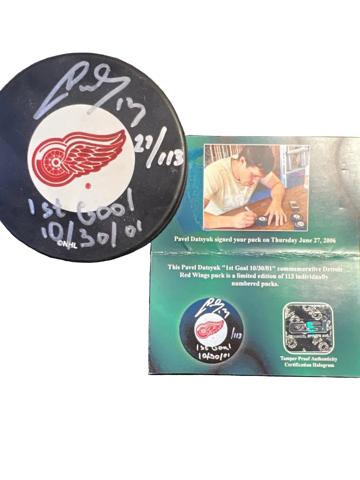 Pavel Datsyuk LE #27/113 Autographed Detroit Red Wings Puck, With "1st Goal” And COA