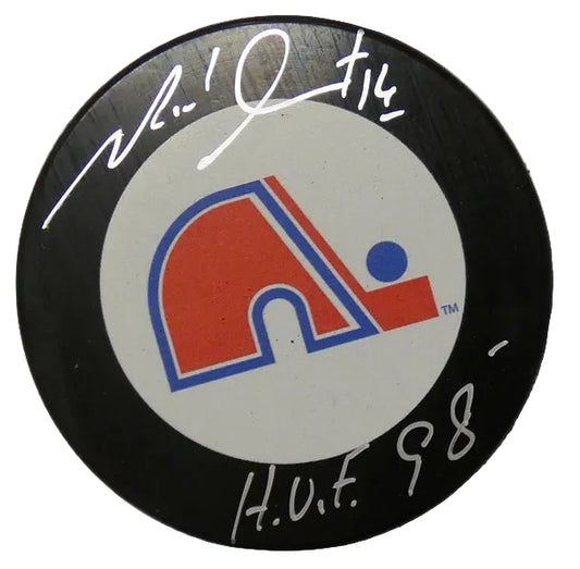 Michel Goulet Autographed Quebec Nordiques Puck, With HOF 98 And COA