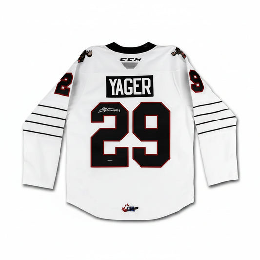 Brayden Yager Autographed White CCM Moose Jaw Warriors Jersey, With Upper Deck COA