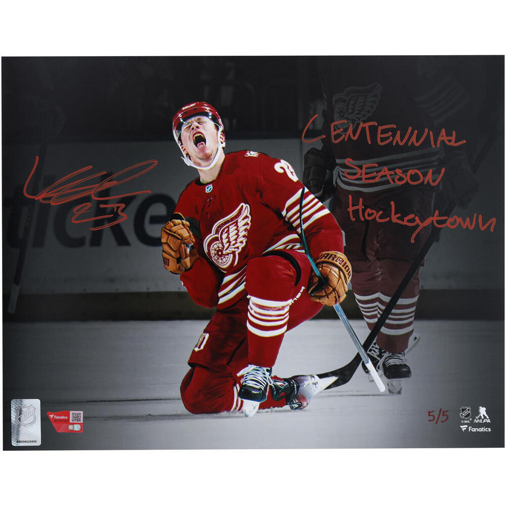 Lucas Raymond LE 5/5 Autographed Detroit Red Wings 11" x 14" Centennial Celebration Photograph w/ Multiple Inscriptions, And Fanatics COA