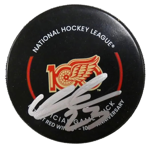 Lucas Raymond Autographed Detroit Red Wings Centennial Official Game Puck, With Fanatics COA