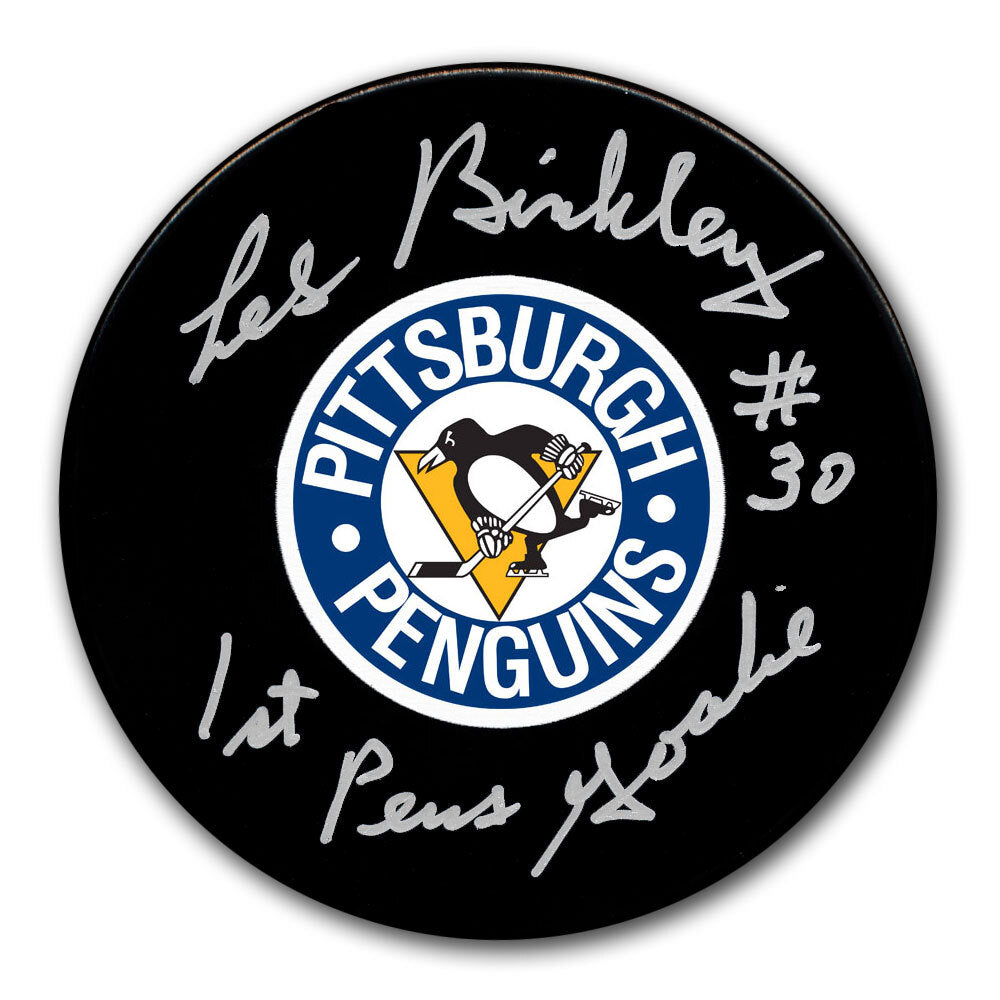 Les Binkley Autographed Pittsburgh Penguins Puck, w/1st Penguins Goalie Inscription And COA