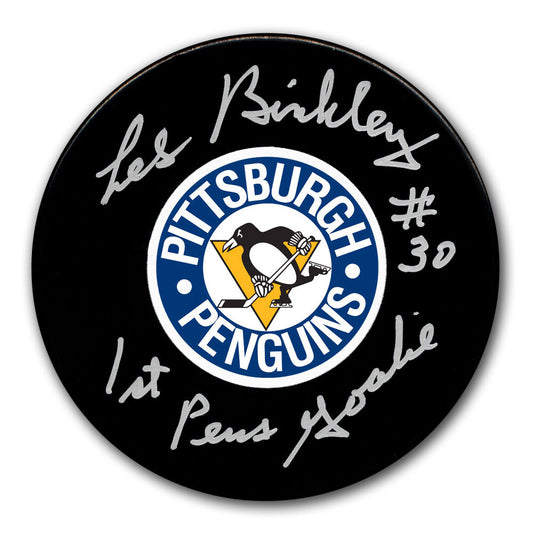 Les Binkley Autographed Pittsburgh Penguins Puck, w/1st Penguins Goalie Inscription And COA