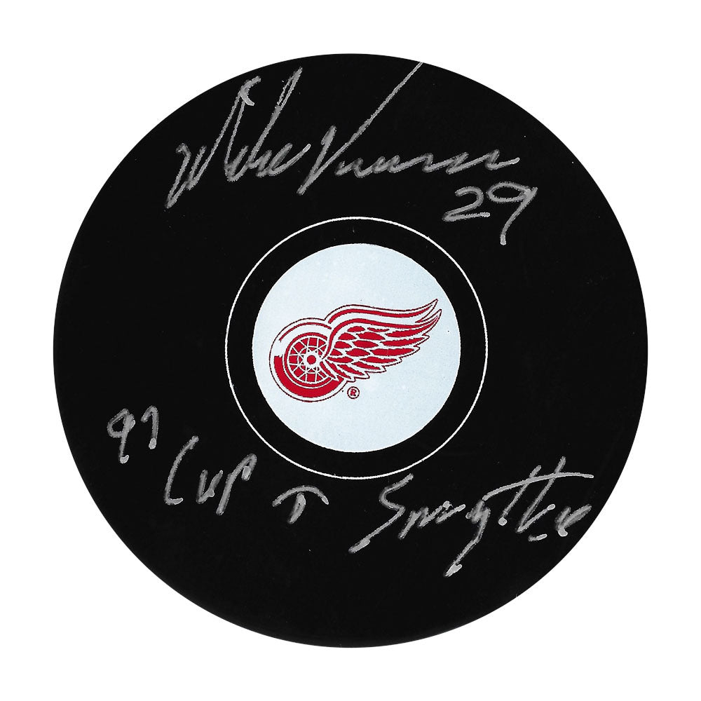 Mike Vernon Autographed Detroit Red Wings Puck w/97 Cup & Smythe And COA