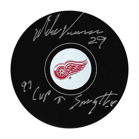 Mike Vernon Autographed Detroit Red Wings Puck w/97 Cup & Smythe And COA