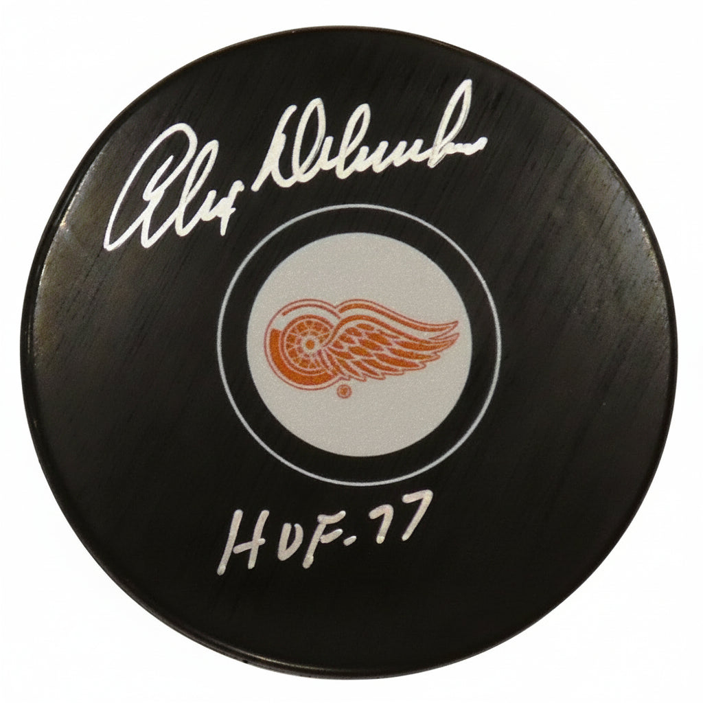 Alex Delvecchio, Three-Time Stanley Cup Champion Legend, Autographed Puck With HOF-77, And Beckett Authentication