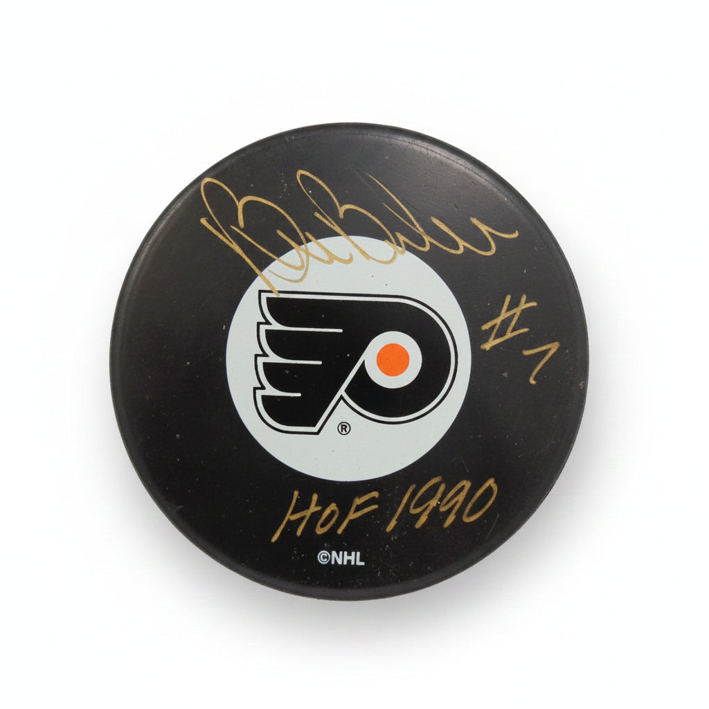Bill Barber Autographed Philadelphia Flyers Puck, With "HOF 1990" Inscription And COA