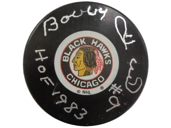 Bobby Hull Autographed Chicago Black Hawks Puck, With "HOF 1983" Inscription And COA