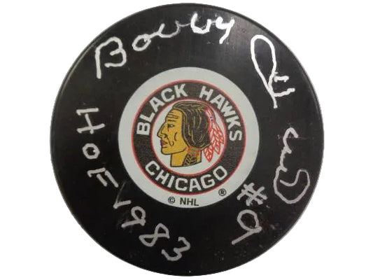 Bobby Hull Autographed Chicago Black Hawks Puck, With "HOF 1983" Inscription And COA