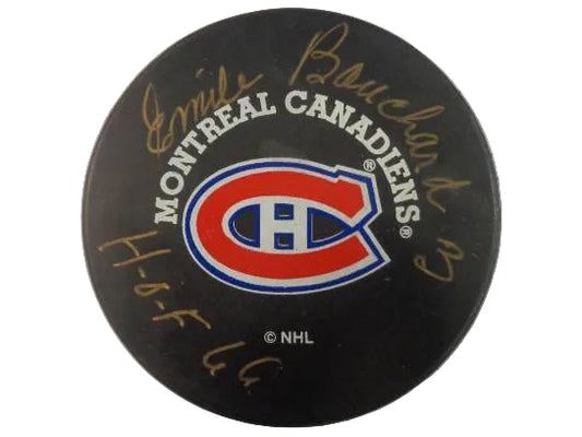 Émile "Butch" Bouchard Hand-Signed Montreal Canadiens Puck, With "HOF 66", And COA