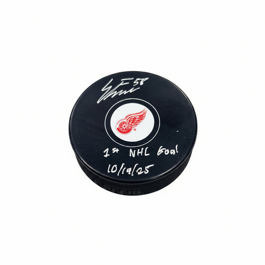 Emmitt Finnie Autographed Detroit Red Wings 1st Goal 10/19/25 Puck, With COA