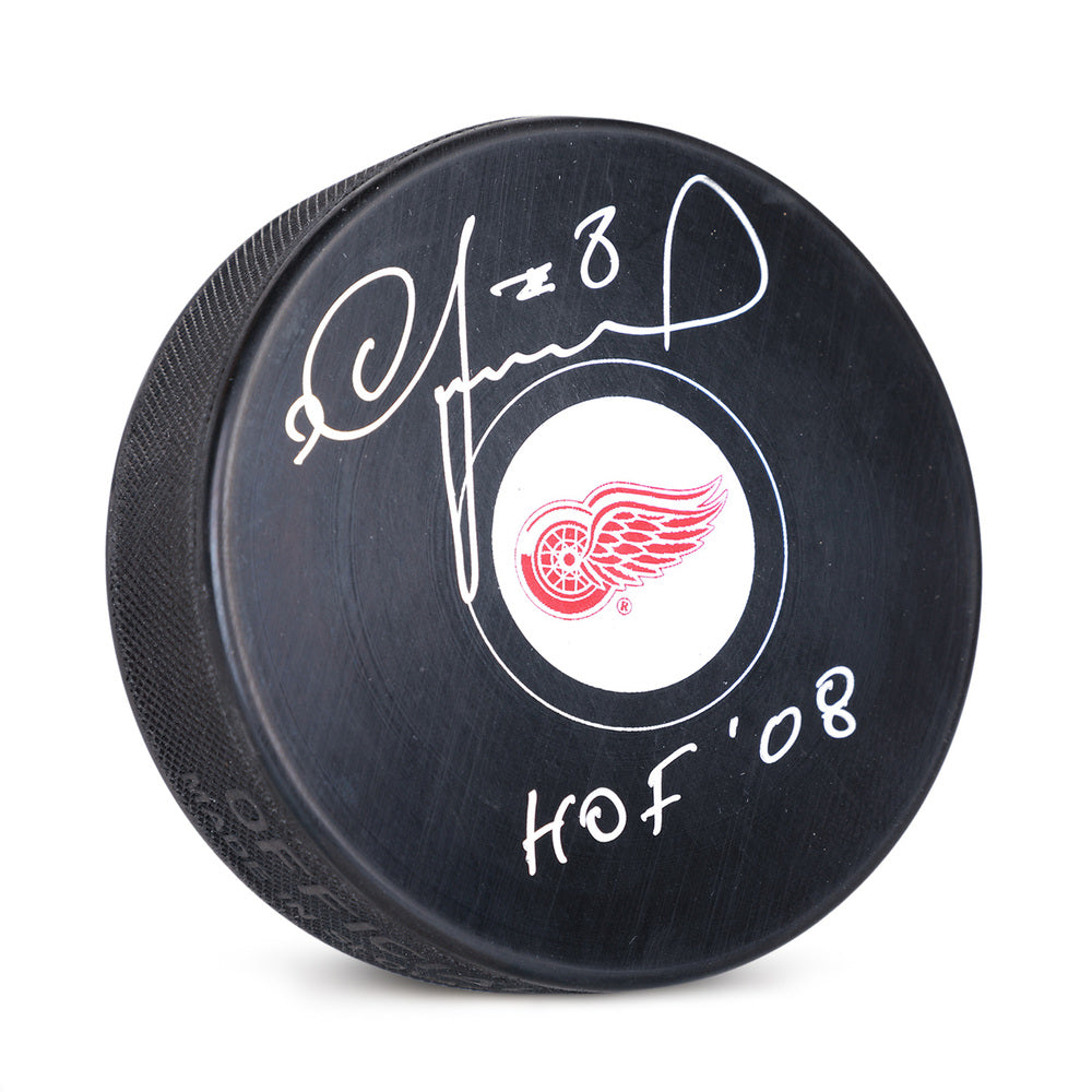 Igor Larionov Hand-Signed Detroit Red Wings Puck, With "HOF 08" Inscription And COA