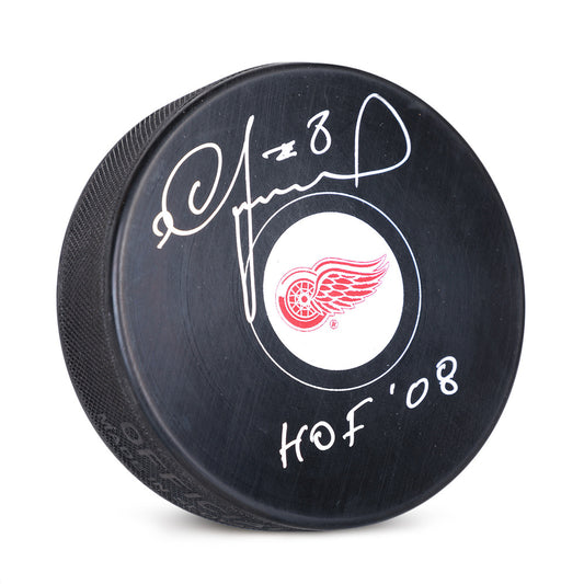 Igor Larionov Hand-Signed Detroit Red Wings Puck, With "HOF 08" Inscription And COA