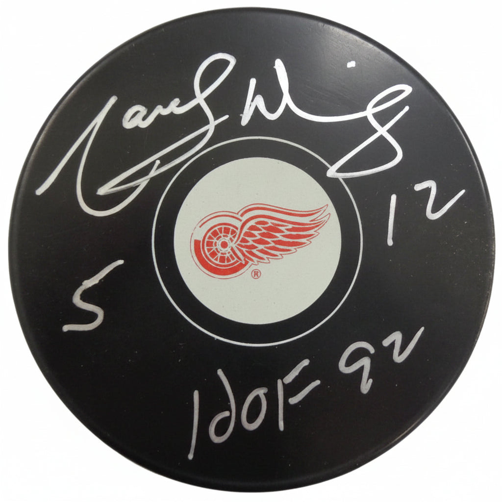 Marcel Dionne Autographed Detroit Red Wings Puck, With Jersey #'s 5 And 12, And COA
