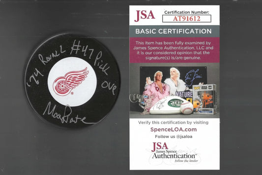 Max Plante Autographed Detroit Red Wings Puck, With "Round 2 #47 Pick" Inscription And COA