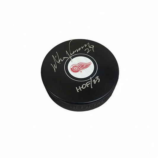 Mike Vernon Autographed Detroit Red Wings Puck, With HOF 23 And COA