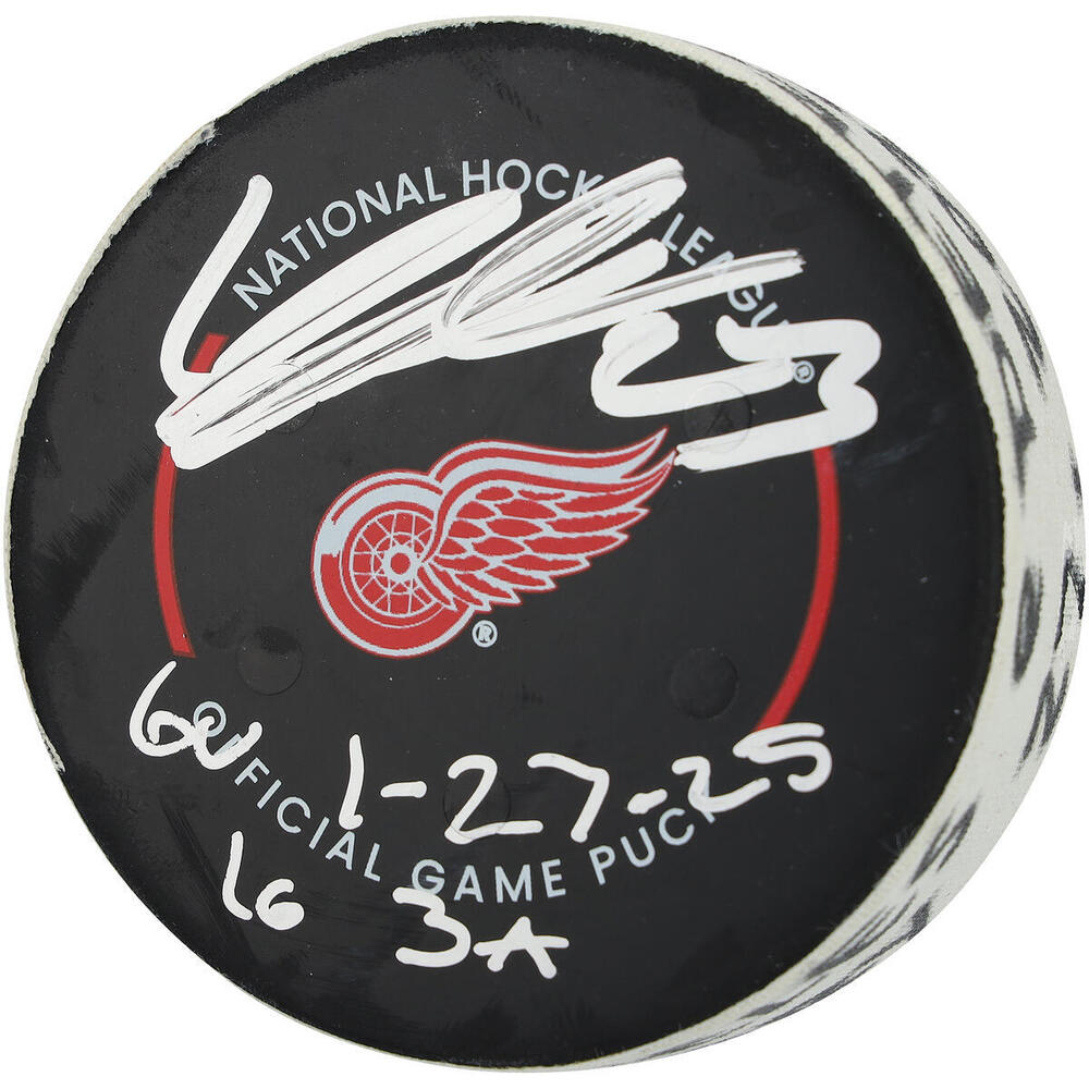 Lucas Raymond Autographed GAME-USED Detroit Red Wings Puck with Multiple Inscriptions, And Fanatics COA