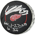 Lucas Raymond Autographed GAME-USED Detroit Red Wings Puck with Multiple Inscriptions, And Fanatics COA