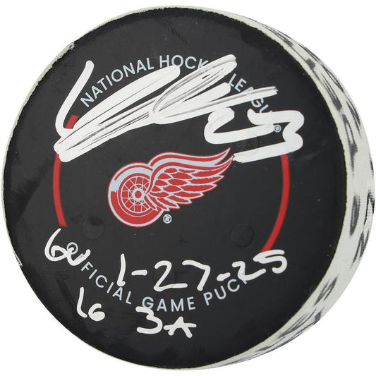 Lucas Raymond Autographed GAME-USED Detroit Red Wings Puck with Multiple Inscriptions, And Fanatics COA