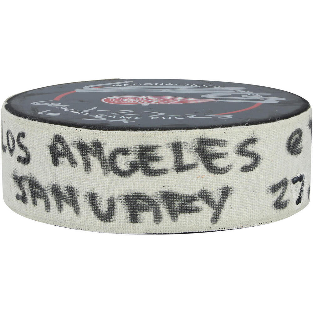 Lucas Raymond Autographed GAME-USED Detroit Red Wings Puck with Multiple Inscriptions, And Fanatics COA