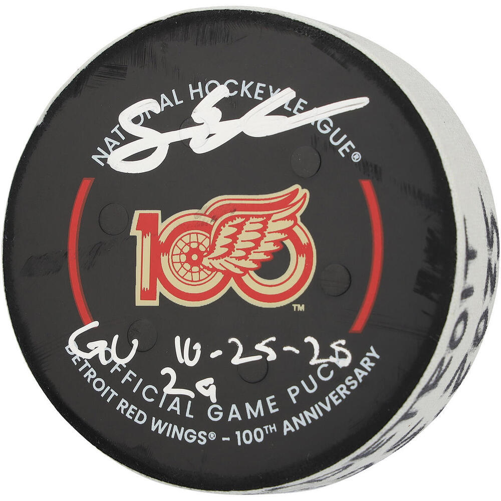 Simon Edvinsson Game Used Detroit Red Wings Puck, With Multiple Inscriptions And COA