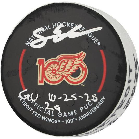 Simon Edvinsson Game Used Detroit Red Wings Puck, With Multiple Inscriptions And COA